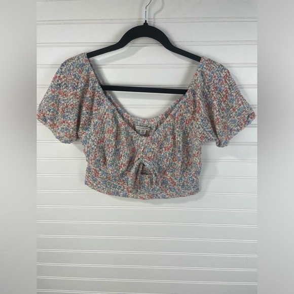 American Eagle Floral Puff Sleeve Keyhole Tie Front Crop Top Small Womens GUC - Picture 1 of 9